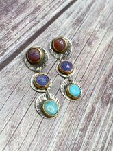 Load image into Gallery viewer, Petrified wood, tanzanite, larimar Sterling silver earrings
