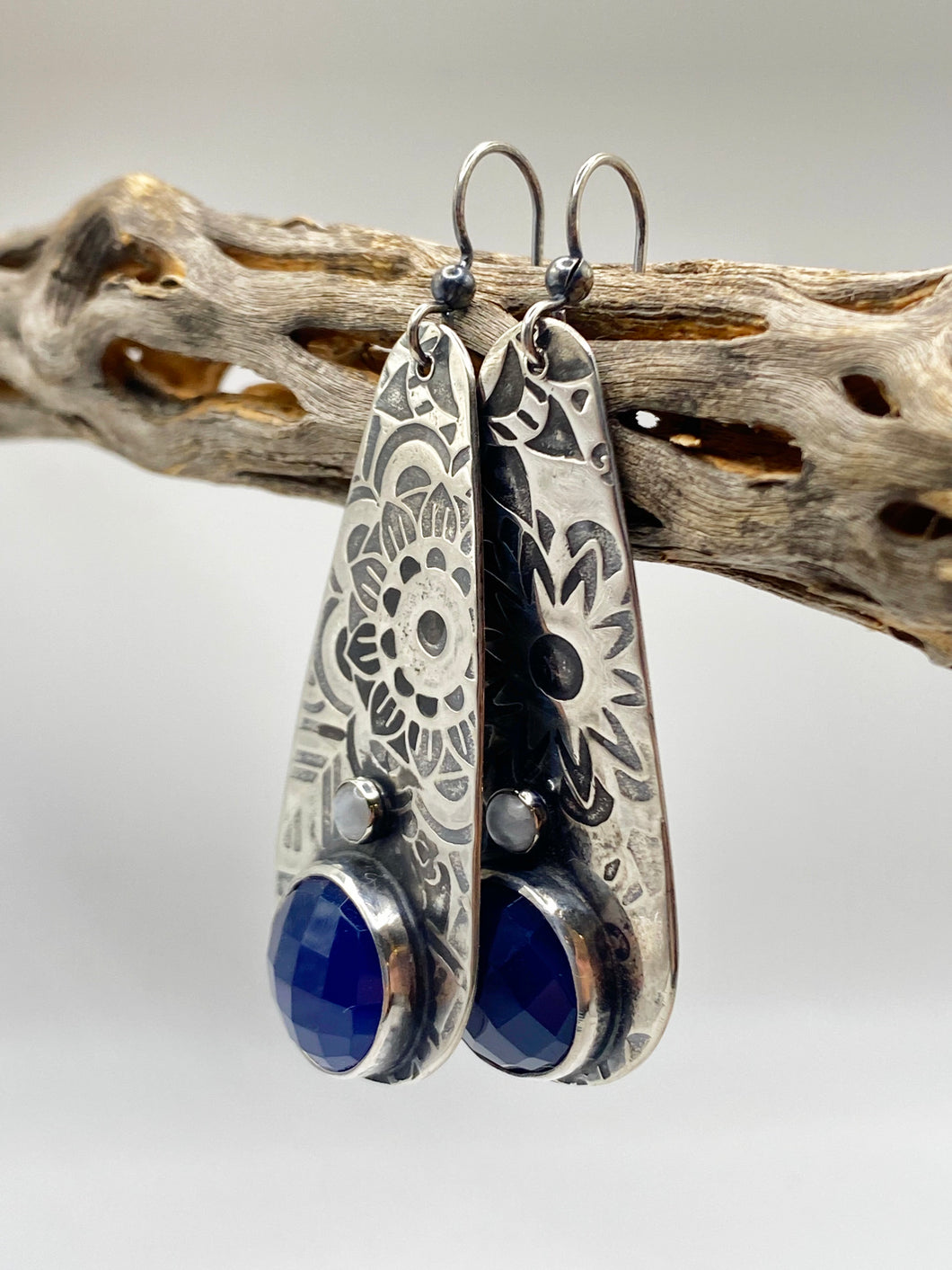 Floral Lapis Chalcedony and Moonstone Sterling Silver Earrings